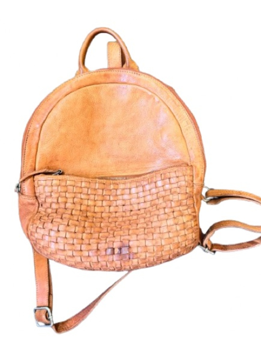 Vilenca Holland Leather Mini Backpack Cognac Brown Woven Pocket Boho Travel Bag
